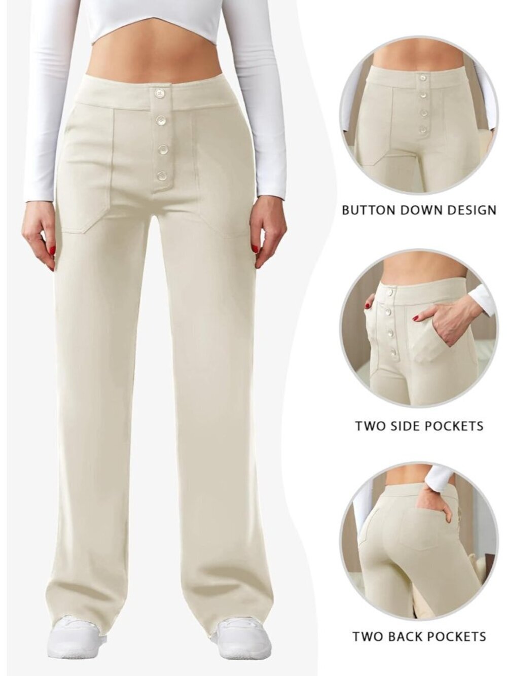 Women's Khaki Casual High Waist Straight Leg Stretchy Button Dress Pants - Picture 5 of 5